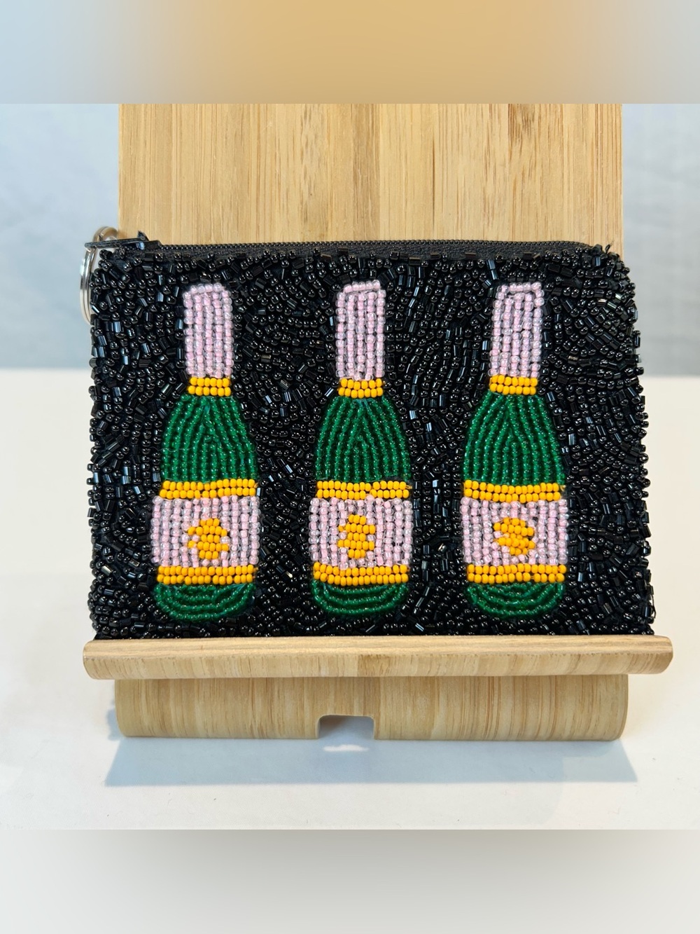 Tiana NY Hand Beaded 3 Champagne bottles Black Pouch Coin Purse w Pink & Green